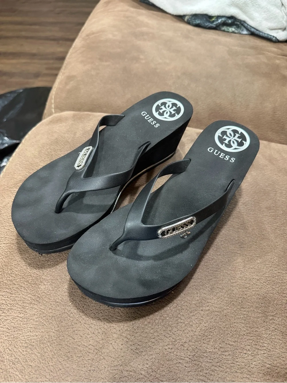 Guess Black Wedge Flip Sandals with Silver Logo Accent